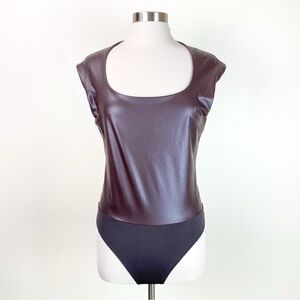 New Express Body Contour Leather-Like Square Neck Bodysuit In Brown Size Large
